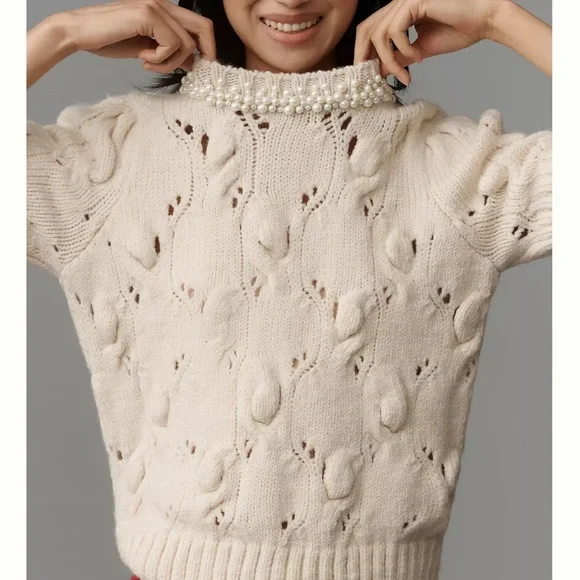 Maeve Pearl Necklace Cable Sweater Tee - Picture 2 of 2